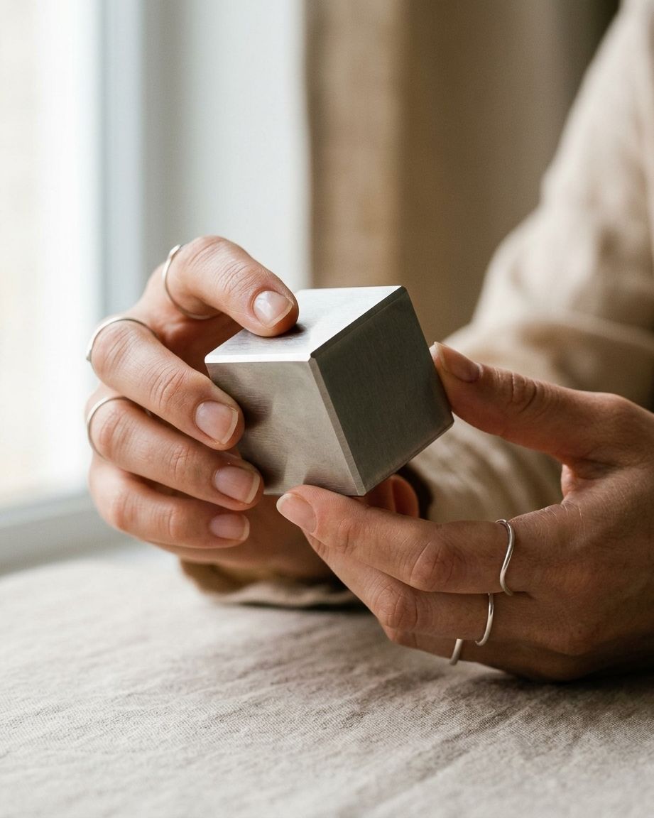 A tungsten cube held in a hand